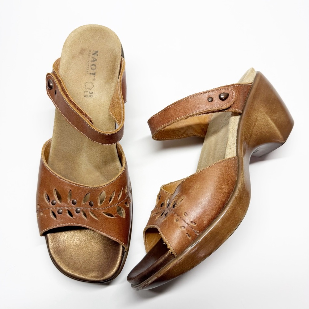 NAOT Leather Leaf Cutout Slip On Heeled Comfort Sandals